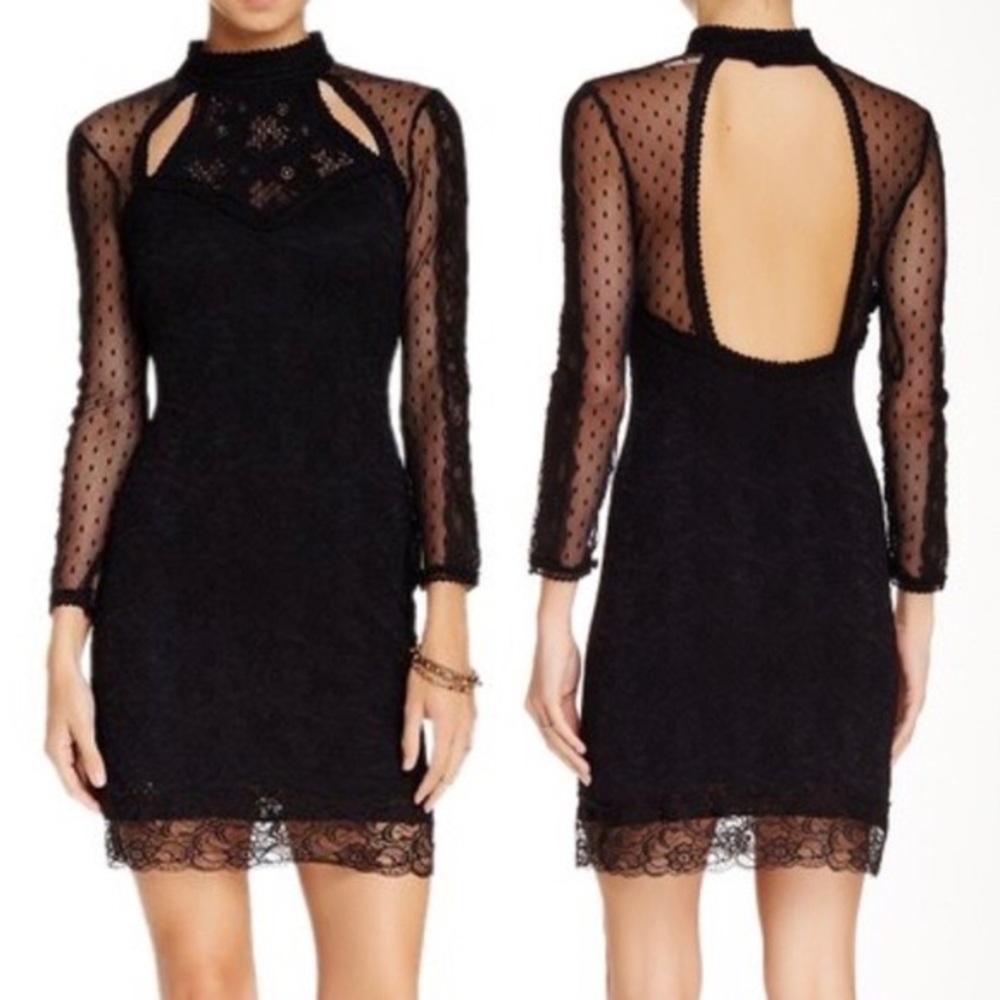 Free People Black Lace Mesh Mini Dress High Neck Open Back Long Sleeve